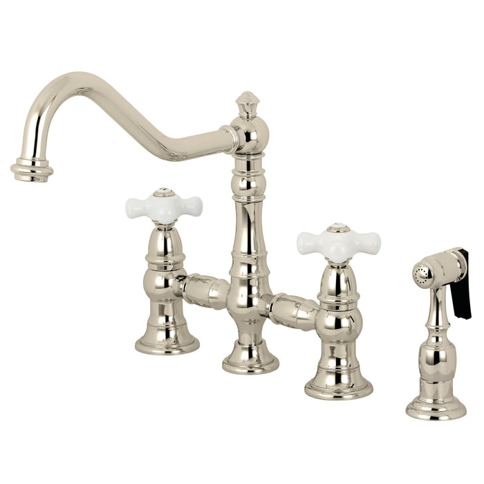 Kingston Heirloom KS3276PXBS - Restoration Two-Handle 4-Hole Deck Mount Bridge Kitchen Faucet with Brass Sprayer, Polished Nickel