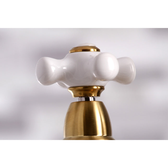 Restoration KS3277PXBS Two-Handle 4-Hole Deck Mount Bridge Kitchen Faucet with Brass Sprayer, Brushed Brass