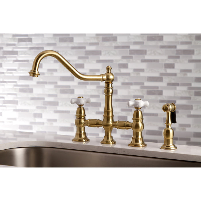 Restoration KS3277PXBS Two-Handle 4-Hole Deck Mount Bridge Kitchen Faucet with Brass Sprayer, Brushed Brass