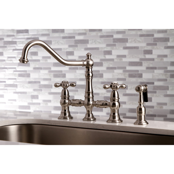 Restoration KS3278AXBS Two-Handle 4-Hole Deck Mount Bridge Kitchen Faucet with Side Sprayer, Brushed Nickel