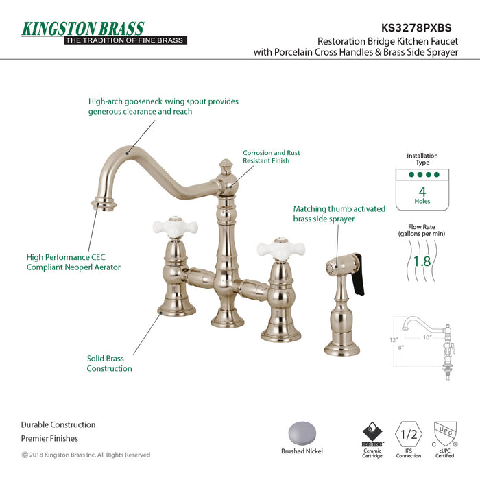 Kingston Heirloom KS3278PXBS - Restoration Two-Handle 4-Hole Deck Mount Bridge Kitchen Faucet with Brass Sprayer, Brushed Nickel