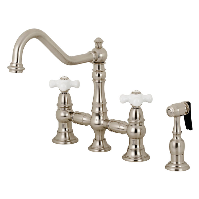 Kingston Heirloom KS3278PXBS - Restoration Two-Handle 4-Hole Deck Mount Bridge Kitchen Faucet with Brass Sprayer, Brushed Nickel