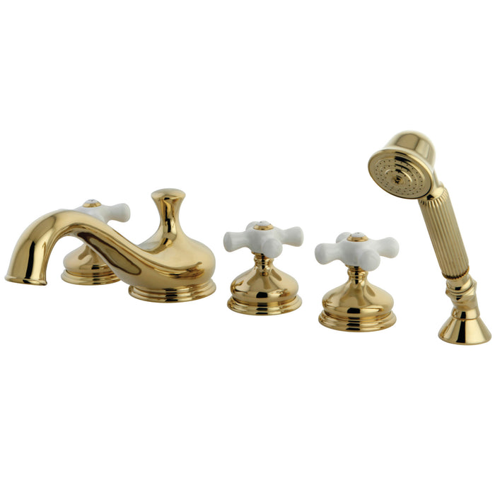 KS33325PX Three-Handle 5-Hole Deck Mount Roman Tub Faucet with Hand Shower, Polished Brass