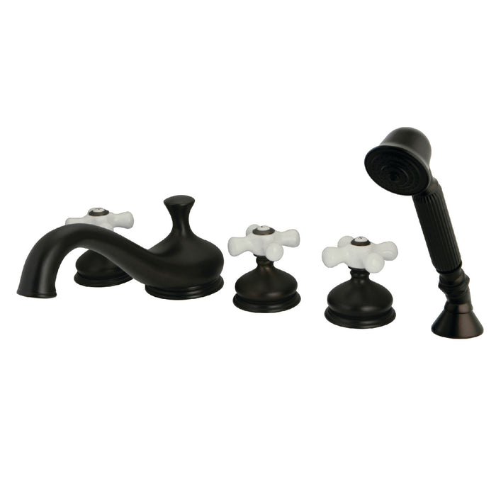 KS33355PX Three-Handle 5-Hole Deck Mount Roman Tub Faucet with Hand Shower, Oil Rubbed Bronze