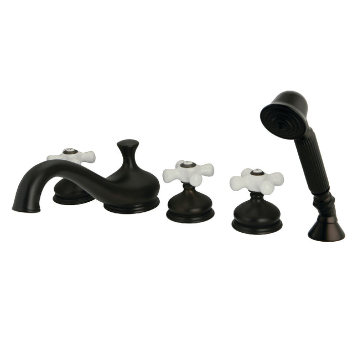 Kingston Heirloom KS33355PXThree-Handle 5-Hole Deck Mount Roman Tub Faucet with Hand Shower, Oil Rubbed Bronze