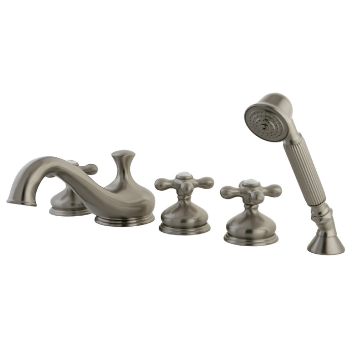 Kingston Heirloom KS33385AX - Milano Three-Handle 5-Hole Deck Mount Roman Tub Faucet with Hand Shower, Brushed Nickel