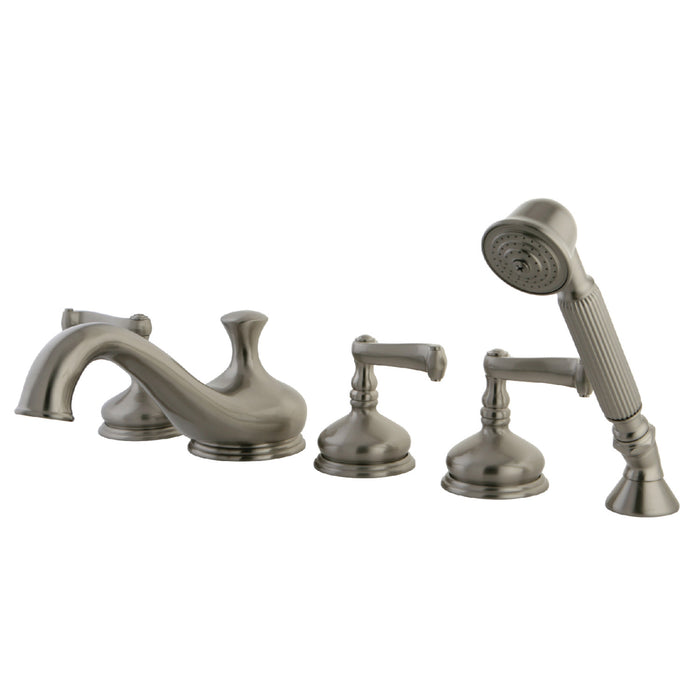 Kingston Tulare KS33385FL - Roman Three-Handle 5-Hole Deck Mount Roman Tub Faucet with Hand Shower, Brushed Nickel