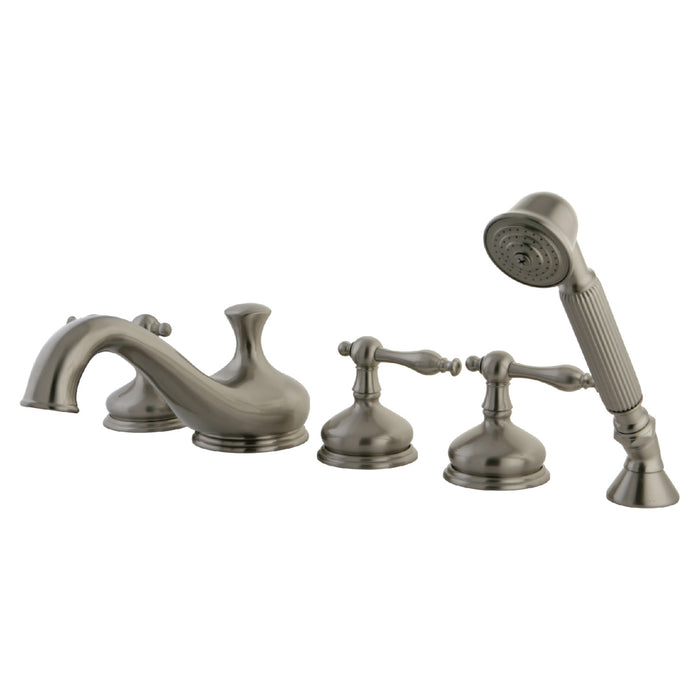 Kingston Tulare KS33385NL - Roman Three-Handle 5-Hole Deck Mount Roman Tub Faucet with Hand Shower, Brushed Nickel