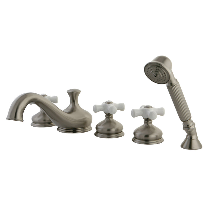 KS33385PX Three-Handle 5-Hole Deck Mount Roman Tub Faucet with Hand Shower, Brushed Nickel