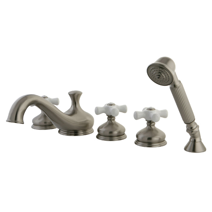 Kingston Heirloom KS33385PXThree-Handle 5-Hole Deck Mount Roman Tub Faucet with Hand Shower, Brushed Nickel