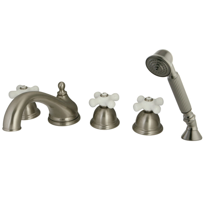 Kingston Heirloom KS33585PX - Milano Three-Handle 5-Hole Deck Mount Roman Tub Faucet with Hand Shower, Brushed Nickel