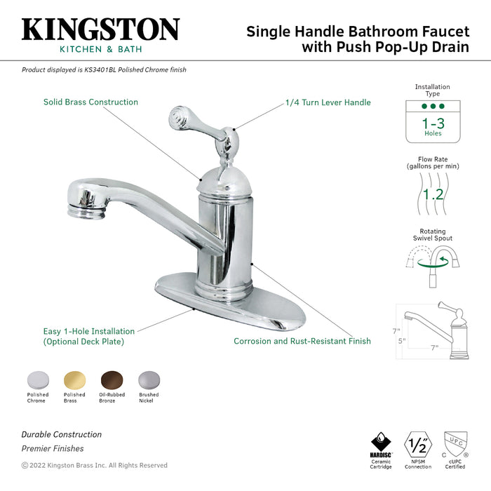 KS3408BL Single-Handle 1-Hole Deck Mount Bathroom Faucet with Push Pop-Up, Brushed Nickel