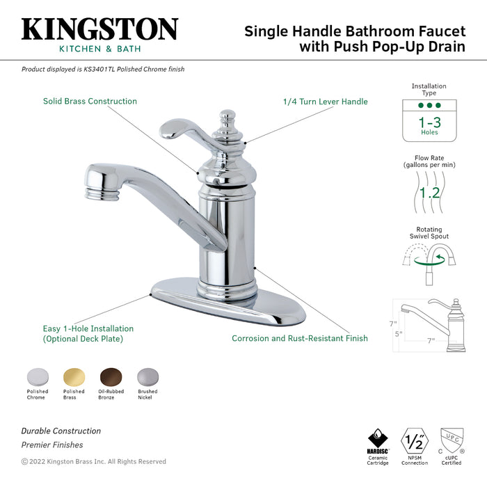 Templeton KS3408TL Single-Handle 1-Hole Deck Mount Bathroom Faucet with Push Pop-Up, Brushed Nickel