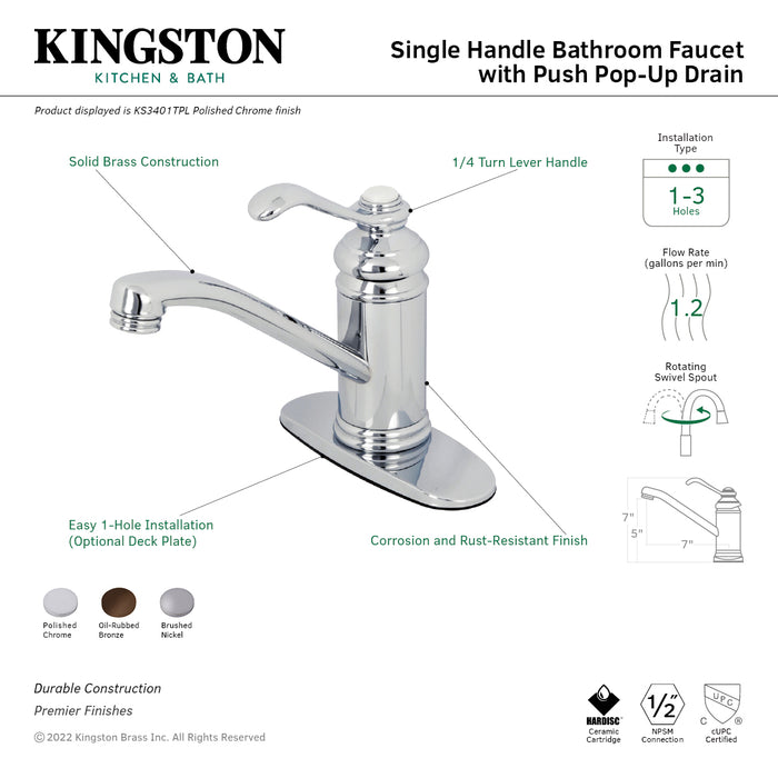 Templeton KS3408TPL Single-Handle 1-Hole Deck Mount Bathroom Faucet with Push Pop-Up, Brushed Nickel