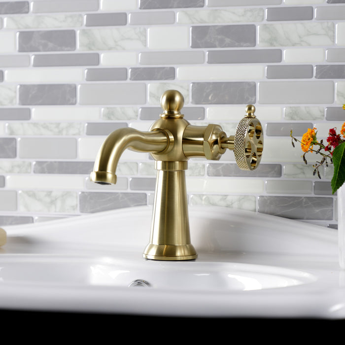 Webb KS3547RKX Single-Handle 1-Hole Deck Mount Bathroom Faucet with Knurled Handle and Push Pop-Up Drain, Brushed Brass