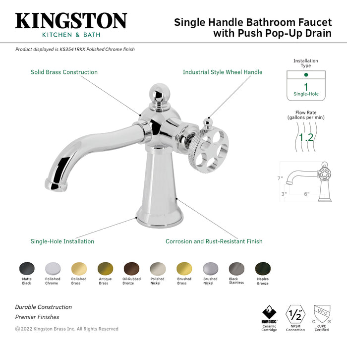 Kingston Tulare KS3548RKX - Webb One-Handle 1-Hole Bathroom Faucet with Knurled Handle and Push Pop-Up Drain, Brushed Nickel