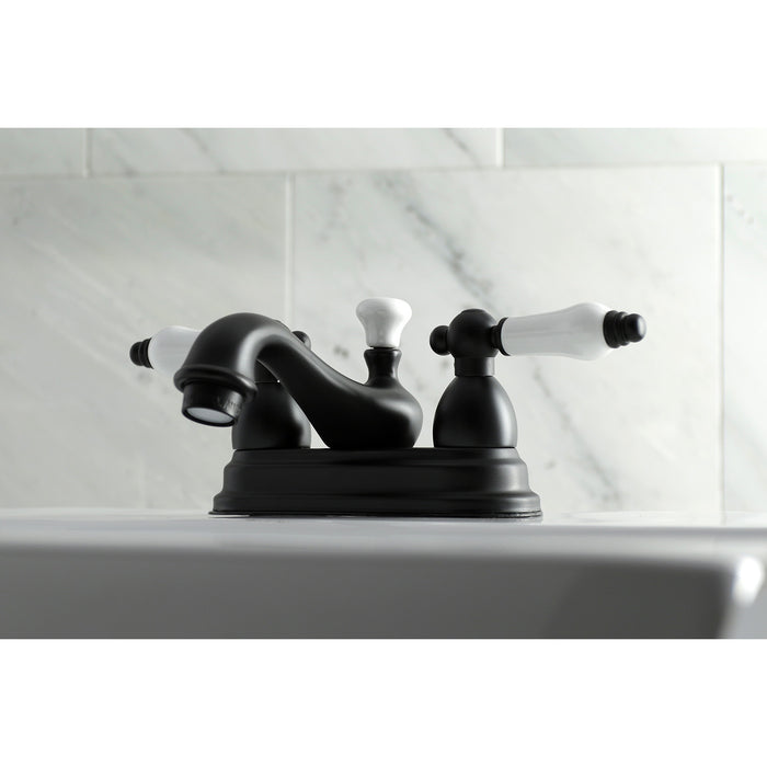Restoration KS3600PL Two-Handle 3-Hole Deck Mount 4" Centerset Bathroom Faucet with Brass Pop-Up, Matte Black