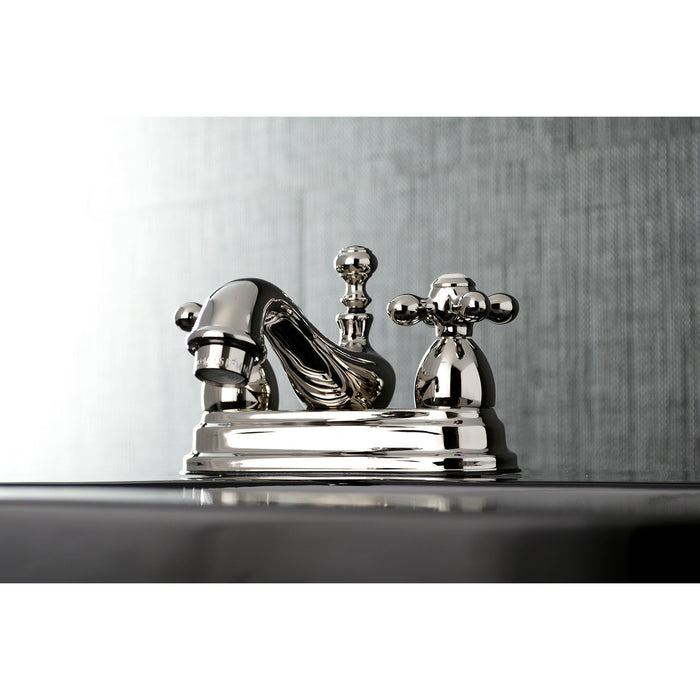 Restoration KS3606AX Two-Handle 3-Hole Deck Mount 4" Centerset Bathroom Faucet with Brass Pop-Up, Polished Nickel