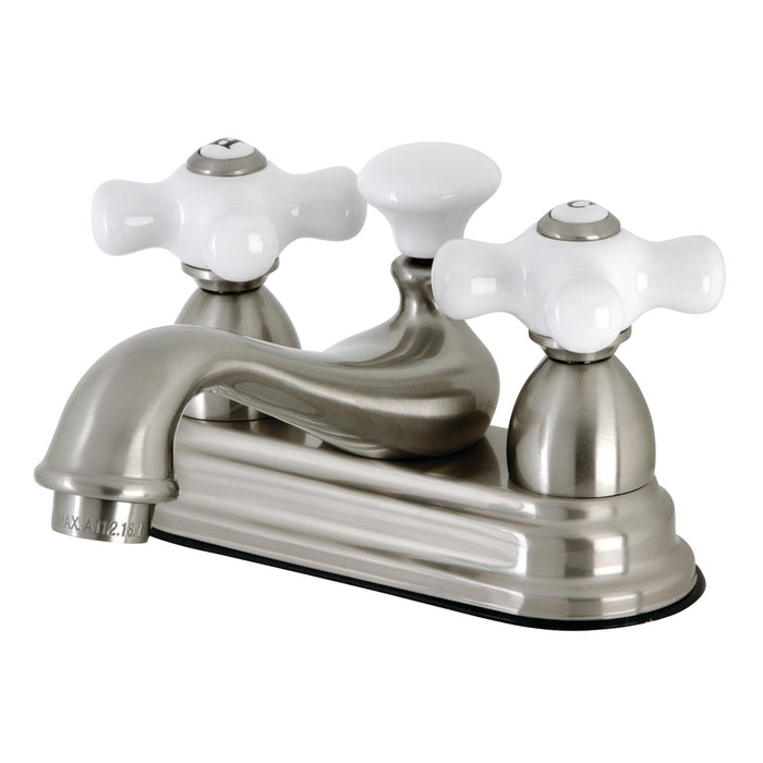 Restoration KS3608PX Two-Handle 3-Hole Deck Mount 4" Centerset Bathroom Faucet with Brass Pop-Up, Brushed Nickel