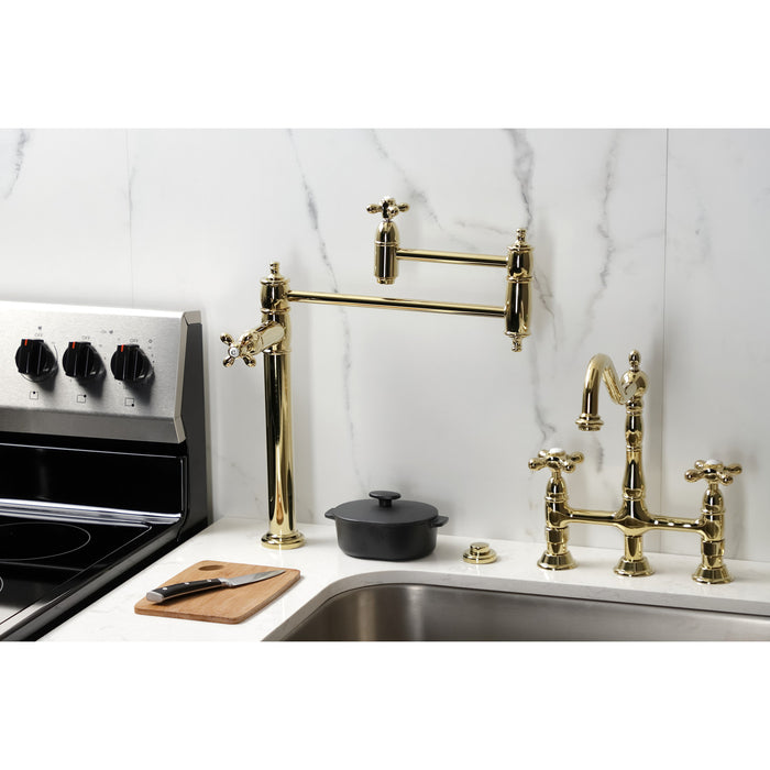 Kingston Heirloom KS3702AX - Restoration Two-Handle 1-Hole Deck Mount Pot Filler Faucet, Polished Brass