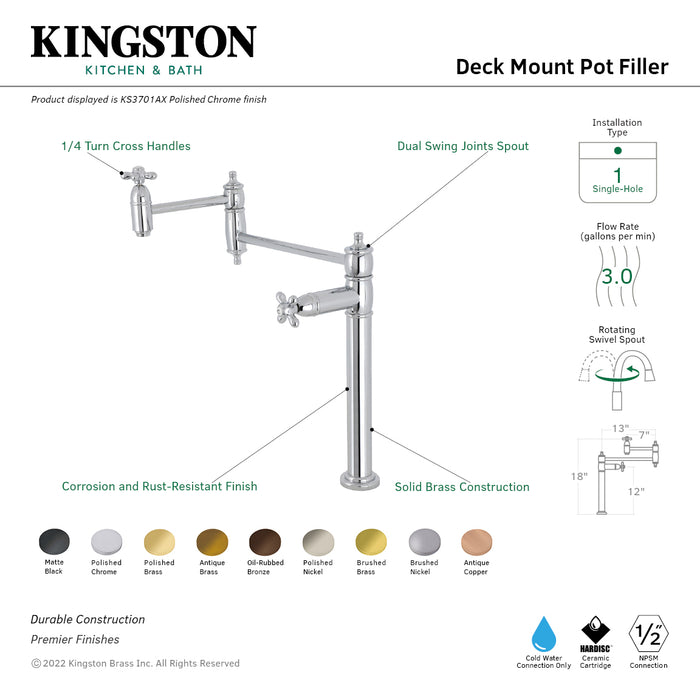 Kingston Heirloom KS3703AX - Restoration Two-Handle 1-Hole Deck Mount Pot Filler Faucet, Antique Brass