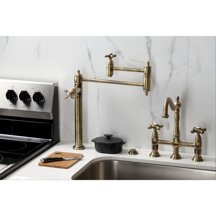 Kingston Heirloom KS3703AX - Restoration Two-Handle 1-Hole Deck Mount Pot Filler Faucet, Antique Brass