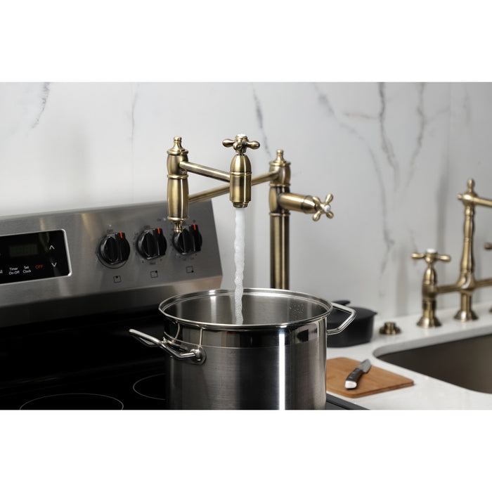 Kingston Heirloom KS3703AX - Restoration Two-Handle 1-Hole Deck Mount Pot Filler Faucet, Antique Brass