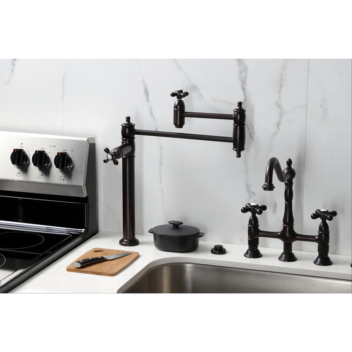 Kingston Heirloom KS3705AX - Restoration Two-Handle 1-Hole Deck Mount Pot Filler Faucet, Oil Rubbed Bronze