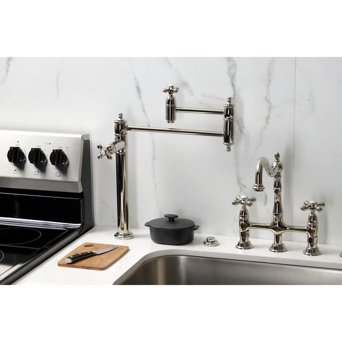 Kingston Heirloom KS3706AX - Restoration Two-Handle 1-Hole Deck Mount Pot Filler Faucet, Polished Nickel