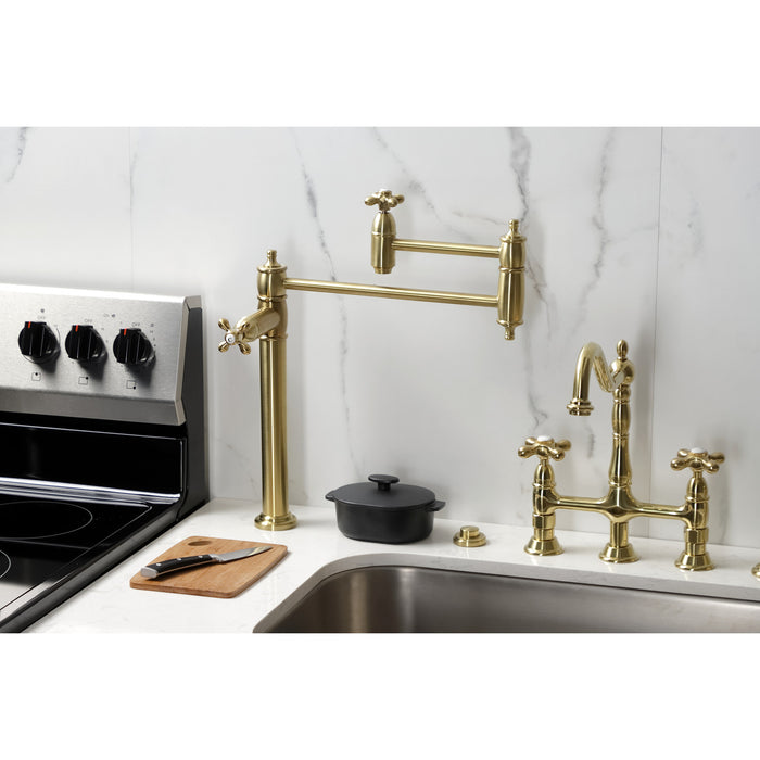 Kingston Heirloom KS3707AX - Restoration Two-Handle 1-Hole Deck Mount Pot Filler Faucet, Brushed Brass