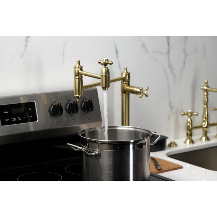 Kingston Heirloom KS3707AX - Restoration Two-Handle 1-Hole Deck Mount Pot Filler Faucet, Brushed Brass