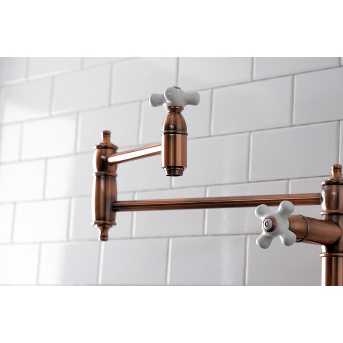 Kingston Heirloom KS370PXAC - Restoration Two-Handle 1-Hole Deck Mount Pot Filler Faucet, Antique Copper