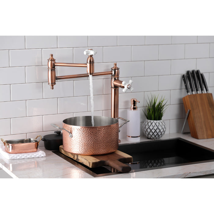 Kingston Heirloom KS370PXAC - Restoration Two-Handle 1-Hole Deck Mount Pot Filler Faucet, Antique Copper