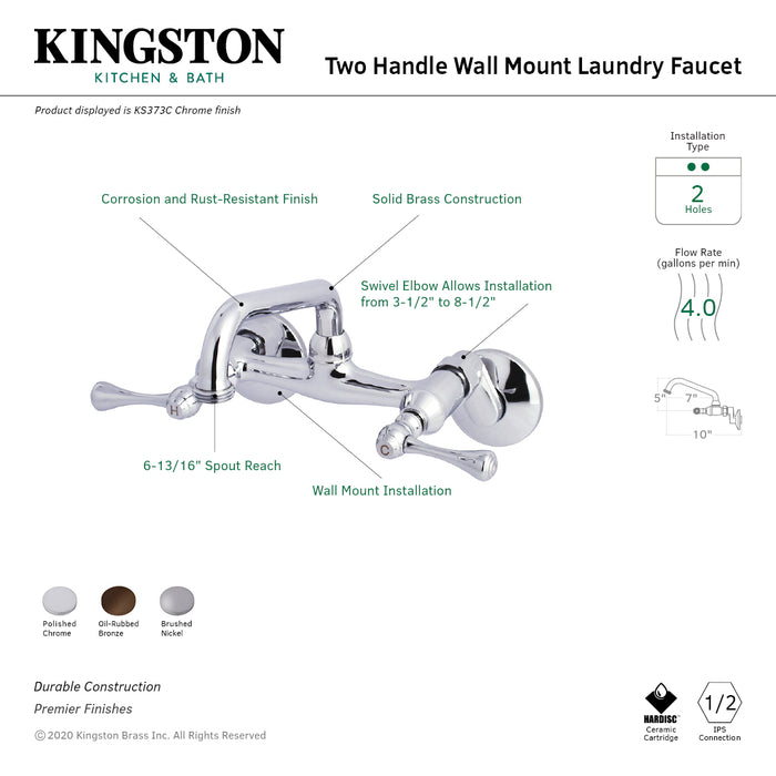 Kingston KS373SN Two-Handle 2-Hole Wall Mount Laundry Faucet, Brushed Nickel
