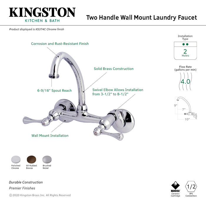 Kingston Tulare KS374C - Kingston Double-Handle 2-Hole Wall Mount Laundry Faucet, Polished Chrome