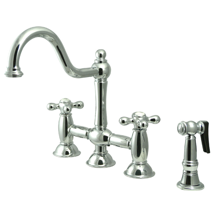 Restoration KS3791AXBS Two-Handle 4-Hole Deck Mount Bridge Kitchen Faucet with Brass Sprayer, Polished Chrome