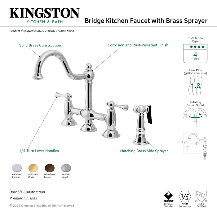 Restoration KS3791BLBS Two-Handle 4-Hole Deck Mount Bridge Kitchen Faucet with Brass Sprayer, Polished Chrome