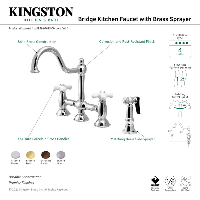 Restoration KS3791PXBS Two-Handle 4-Hole Deck Mount Bridge Kitchen Faucet with Brass Sprayer, Polished Chrome