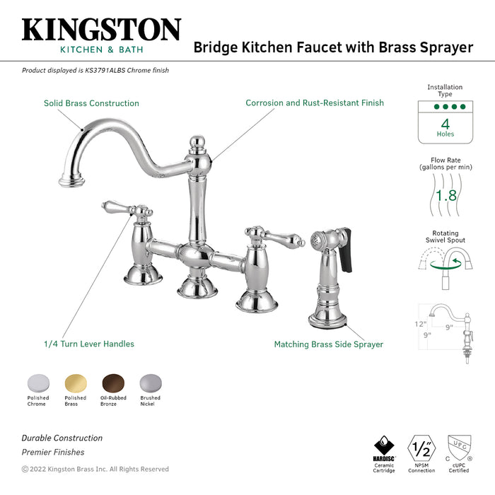 Restoration KS3792ALBS Two-Handle 4-Hole Deck Mount Bridge Kitchen Faucet with Brass Sprayer, Polished Brass