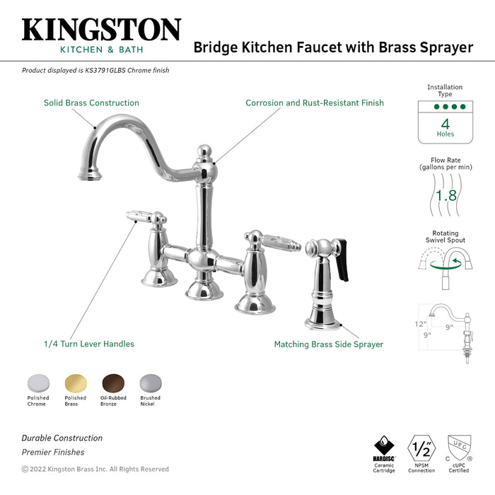 Restoration KS3792GLBS Two-Handle 4-Hole Deck Mount Bridge Kitchen Faucet with Brass Sprayer, Polished Brass