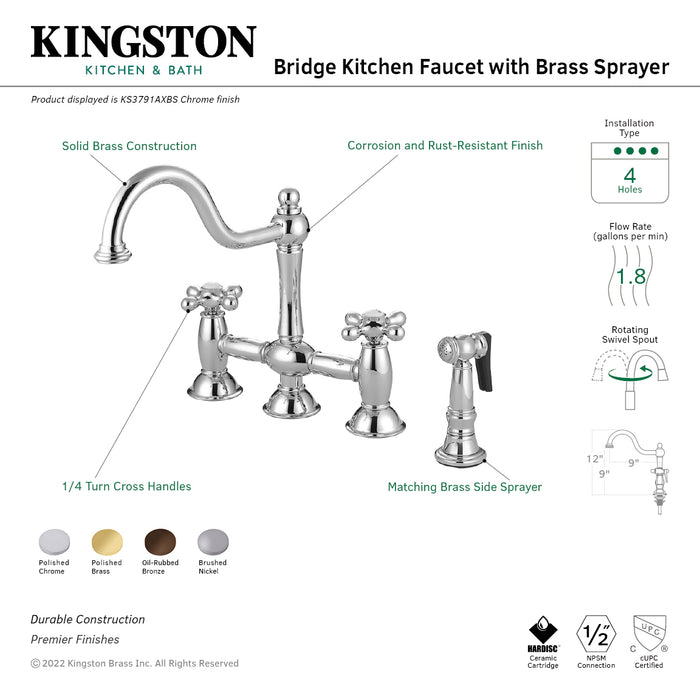 Restoration KS3795AXBS Two-Handle 4-Hole Deck Mount Bridge Kitchen Faucet with Brass Sprayer, Oil Rubbed Bronze