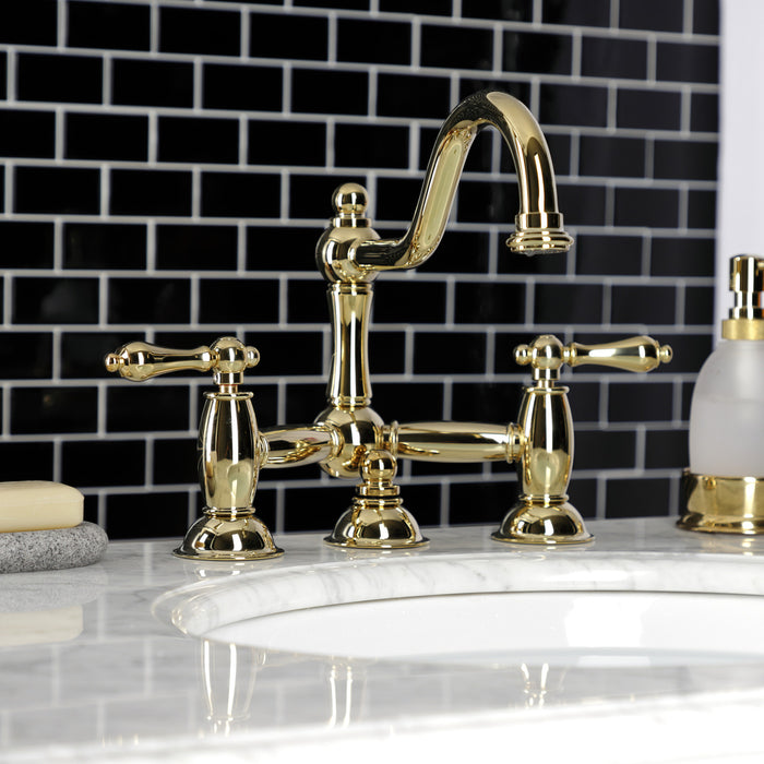 Restoration KS3912AL Two-Handle 3-Hole Deck Mount Bridge Bathroom Faucet with Brass Pop-Up, Polished Brass