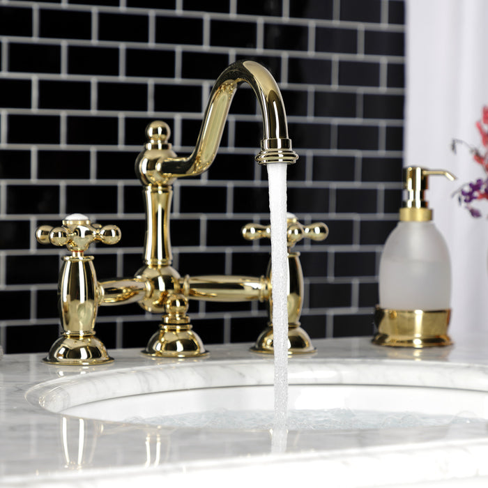 Kingston Heirloom KS3912AX - Restoration Two-Handle 3-Hole Deck Mount Bridge Bathroom Faucet with Brass Pop-Up, Polished Brass