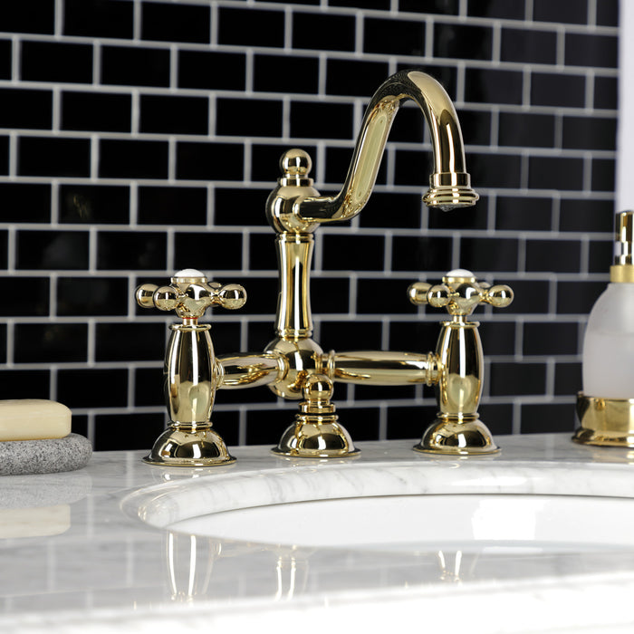 Kingston Heirloom KS3912AX - Restoration Two-Handle 3-Hole Deck Mount Bridge Bathroom Faucet with Brass Pop-Up, Polished Brass