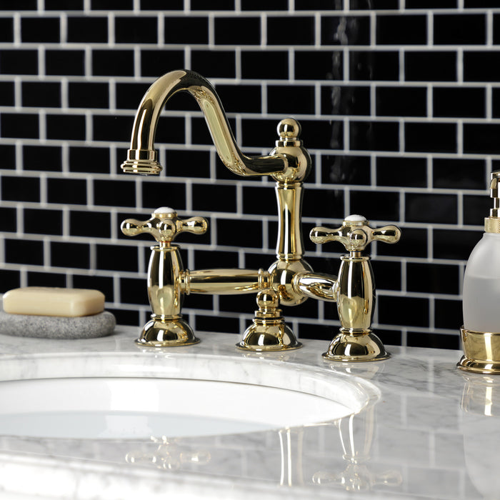 Kingston Heirloom KS3912AX - Restoration Two-Handle 3-Hole Deck Mount Bridge Bathroom Faucet with Brass Pop-Up, Polished Brass