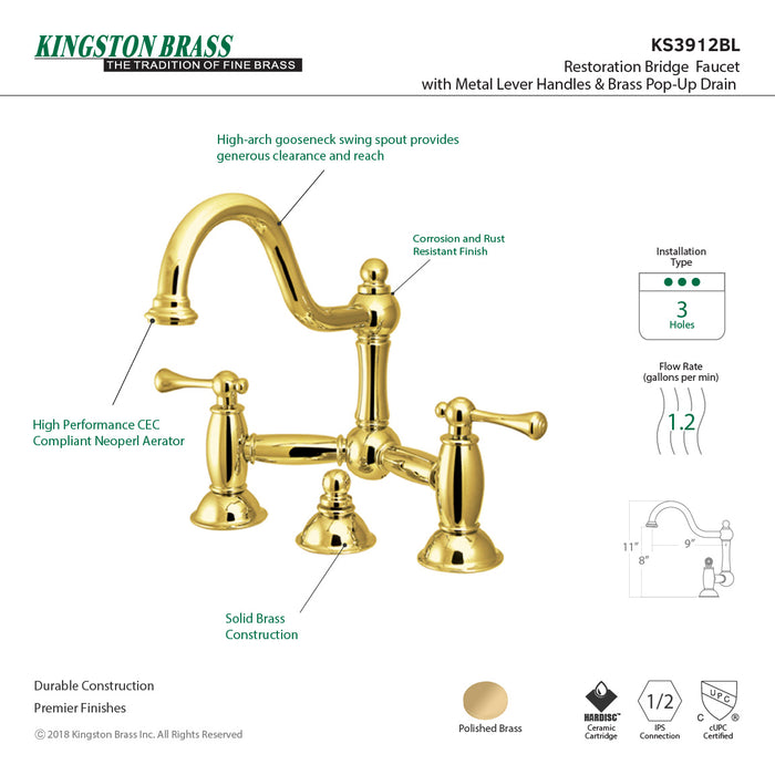 Restoration KS3912BL Two-Handle 3-Hole Deck Mount Bridge Bathroom Faucet with Brass Pop-Up, Polished Brass