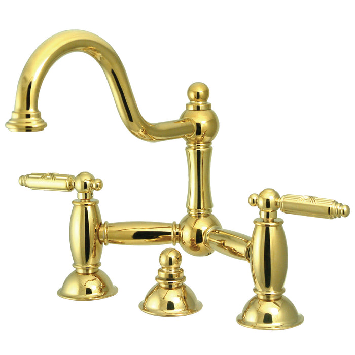 Restoration KS3912GL Two-Handle 3-Hole Deck Mount Bridge Bathroom Faucet with Brass Pop-Up, Polished Brass