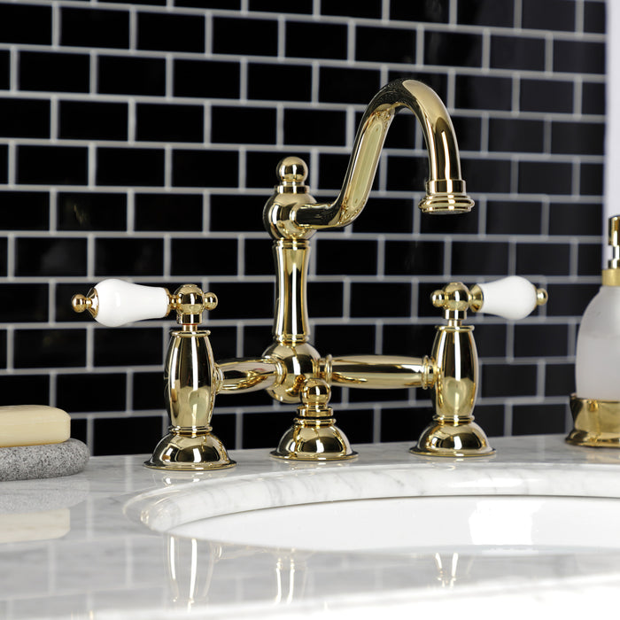 Restoration KS3912PL Two-Handle 3-Hole Deck Mount Bridge Bathroom Faucet with Brass Pop-Up, Polished Brass