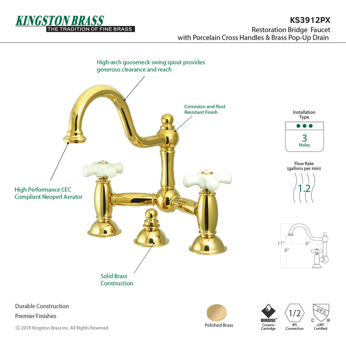 Restoration KS3912PX Two-Handle 3-Hole Deck Mount Bridge Bathroom Faucet with Brass Pop-Up, Polished Brass