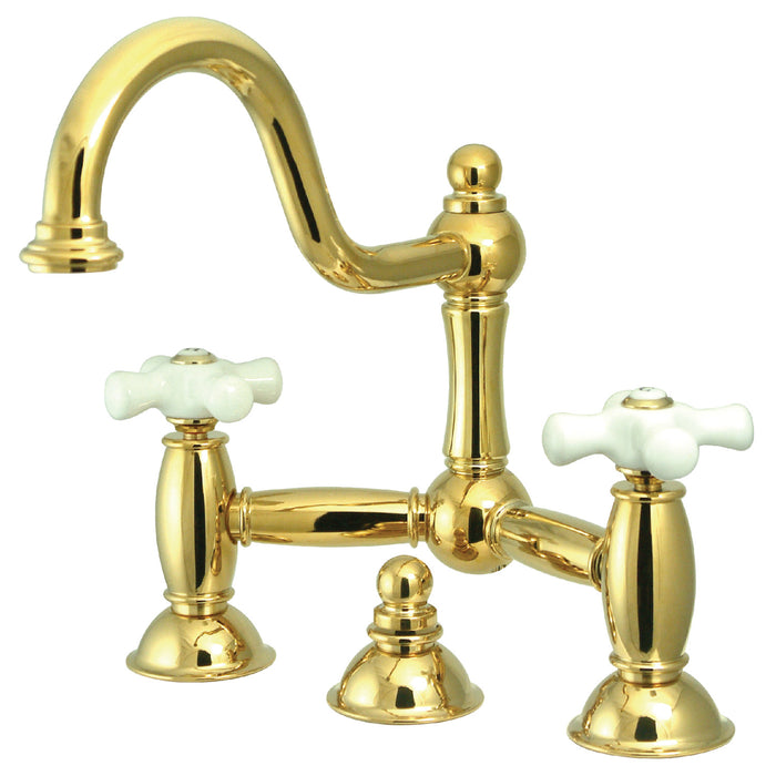 Restoration KS3912PX Two-Handle 3-Hole Deck Mount Bridge Bathroom Faucet with Brass Pop-Up, Polished Brass